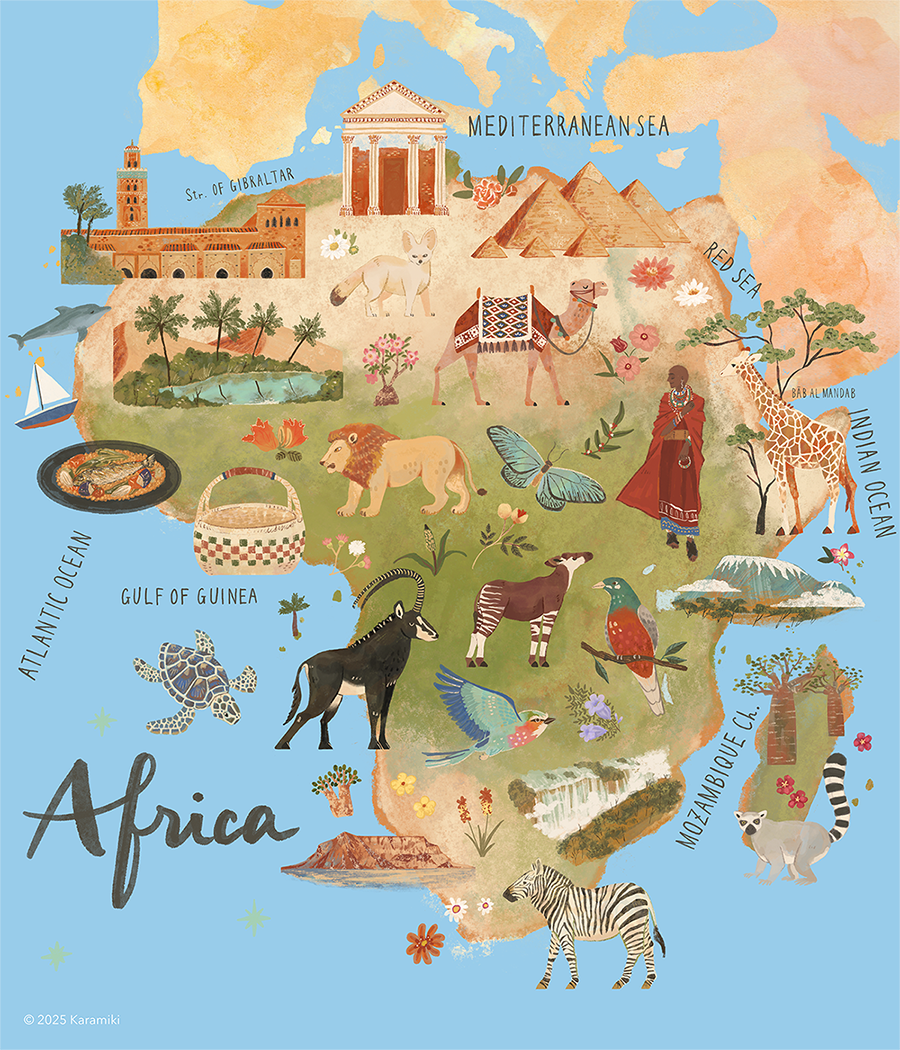 アフリカの地図、マップ、マサイ、サバンナ、サハラ、アフリカの動物のイラスト