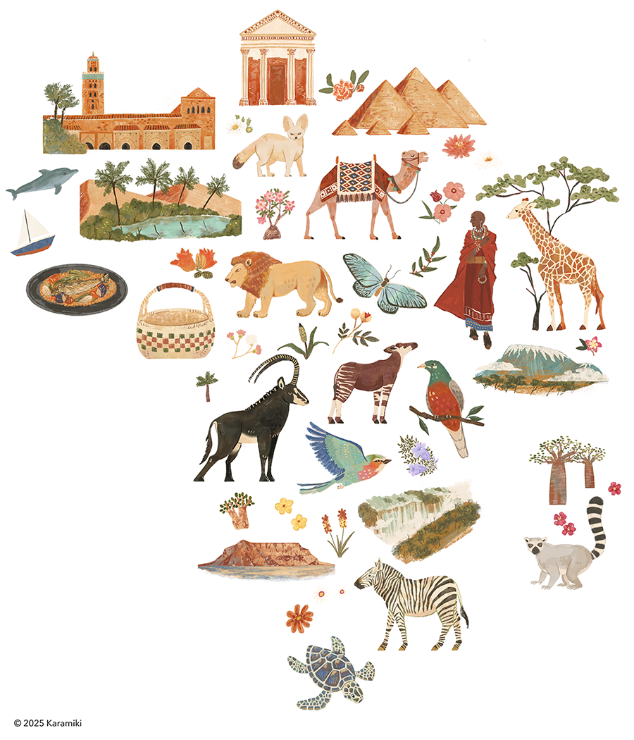 アフリカの地図、マップ、マサイ、サバンナ、サハラ、アフリカの動物のイラスト