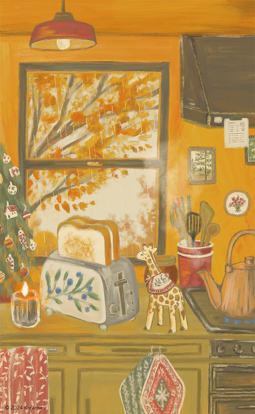 秋の朝の台所、トースト、秋雨、キリンのぬいぐるみのイラスト