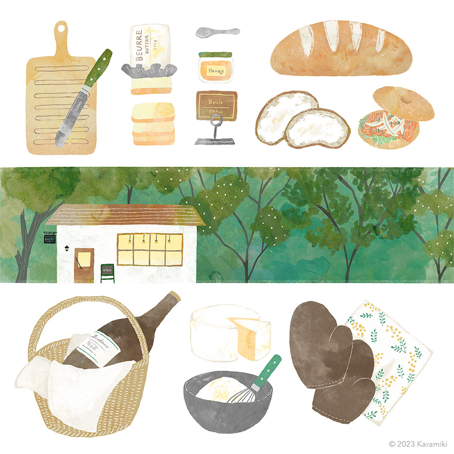 朝の手仕事、木立、パン屋さんイラスト