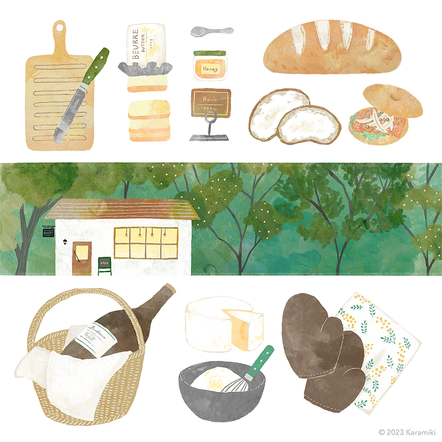 朝の手仕事、木立、パン屋さんイラスト