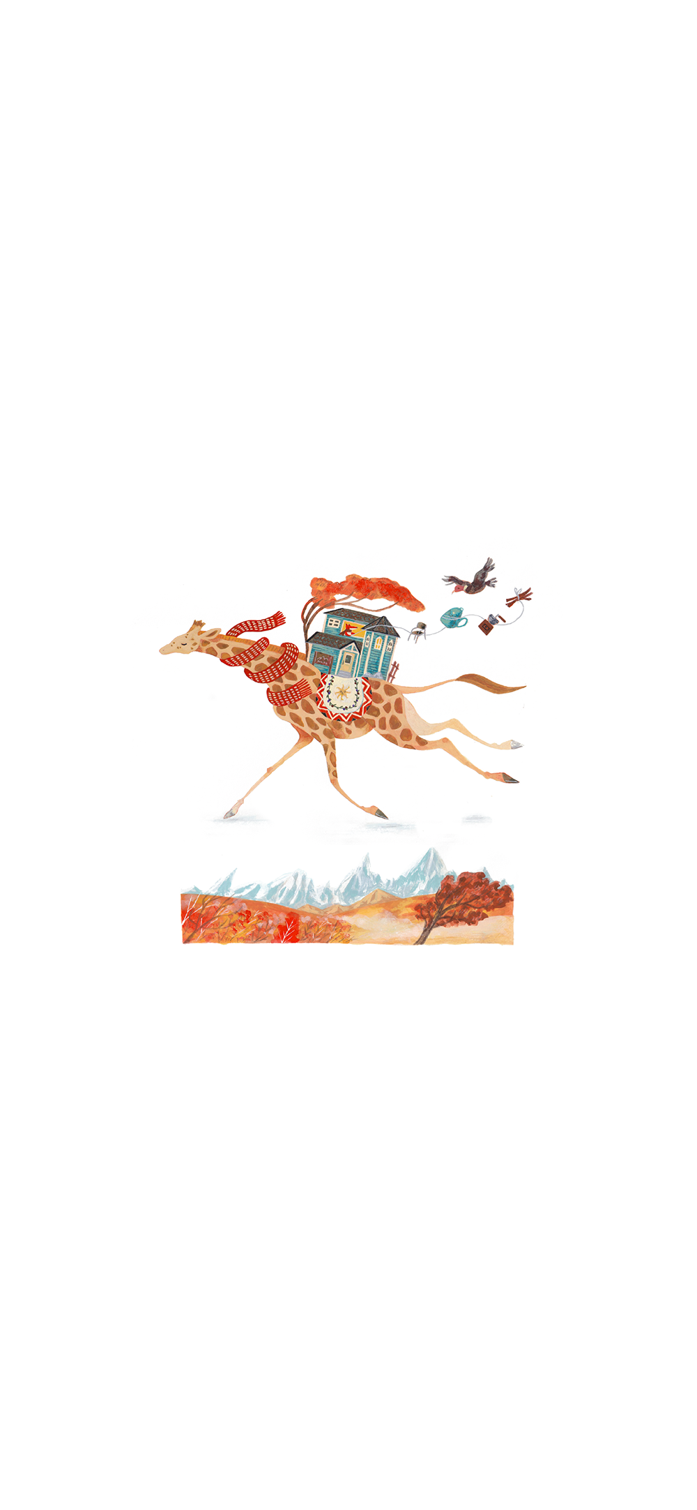 2025年10月のカレンダーイラスト、秋のフィッツロイ山、パタゴニアの紅葉、キリンの引っ越しやさんイラスト