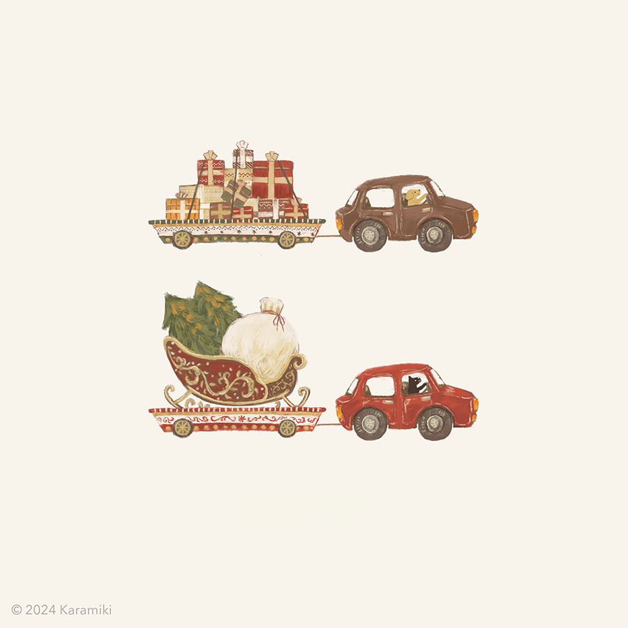 クリスマスの予感、イヌとネコのドライバーのイラスト