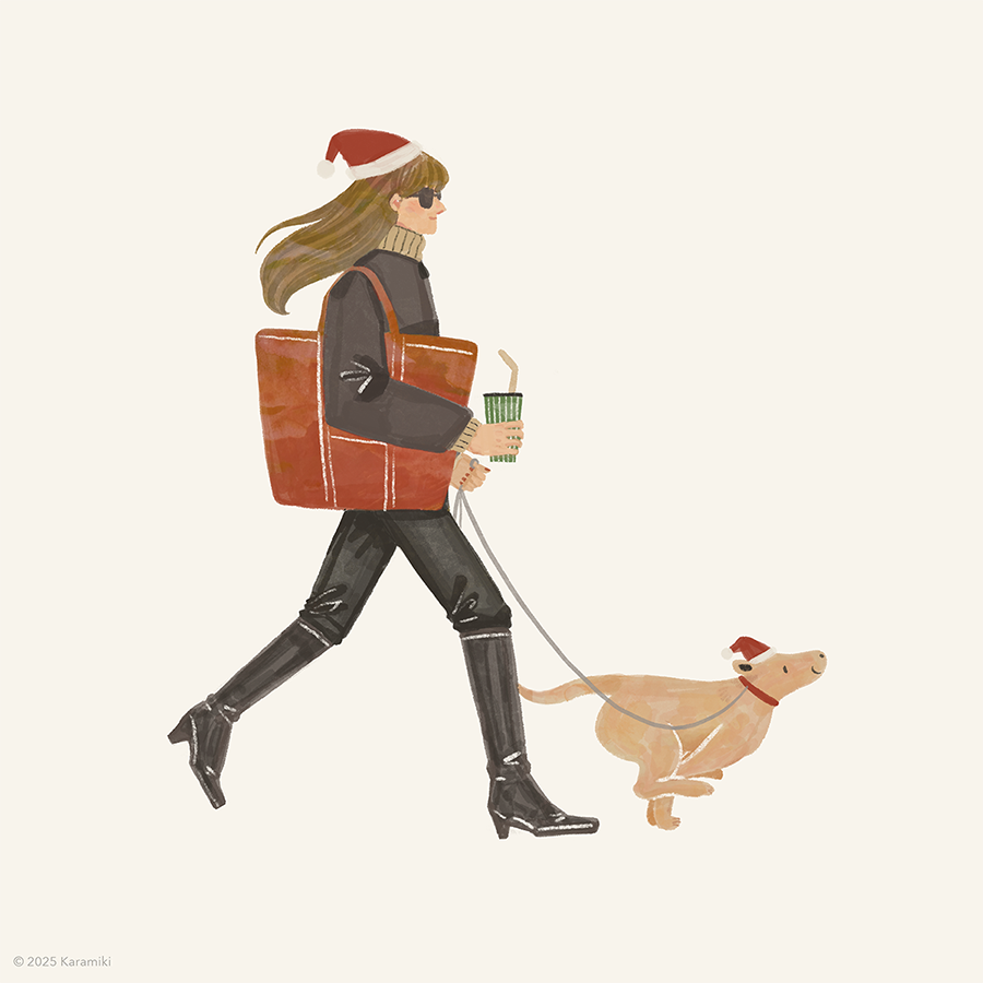 クリスマスに犬と散歩する女性のイラスト