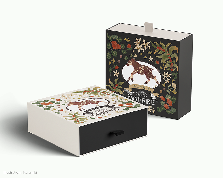 オカピとコーヒーの枝のイラスト