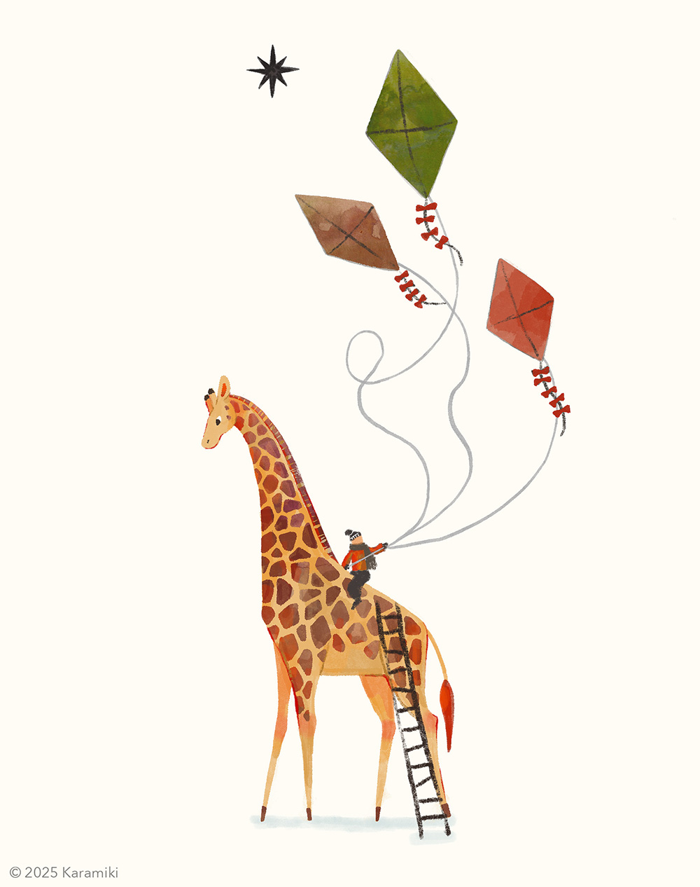 キリンに乗れば星に届くかも。凧揚げのイラスト