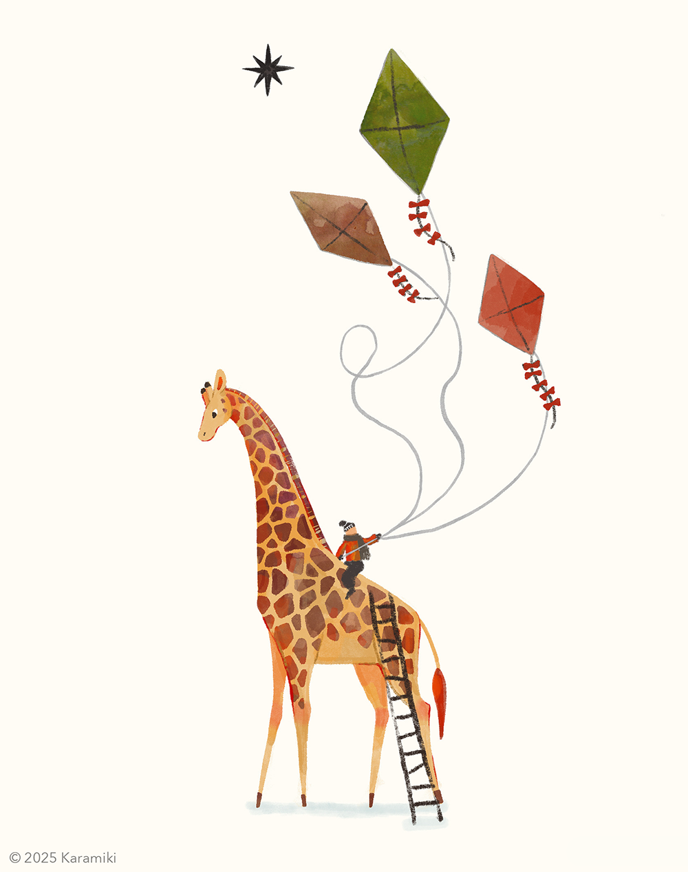キリンに乗れば星に届くかも。凧揚げのイラスト