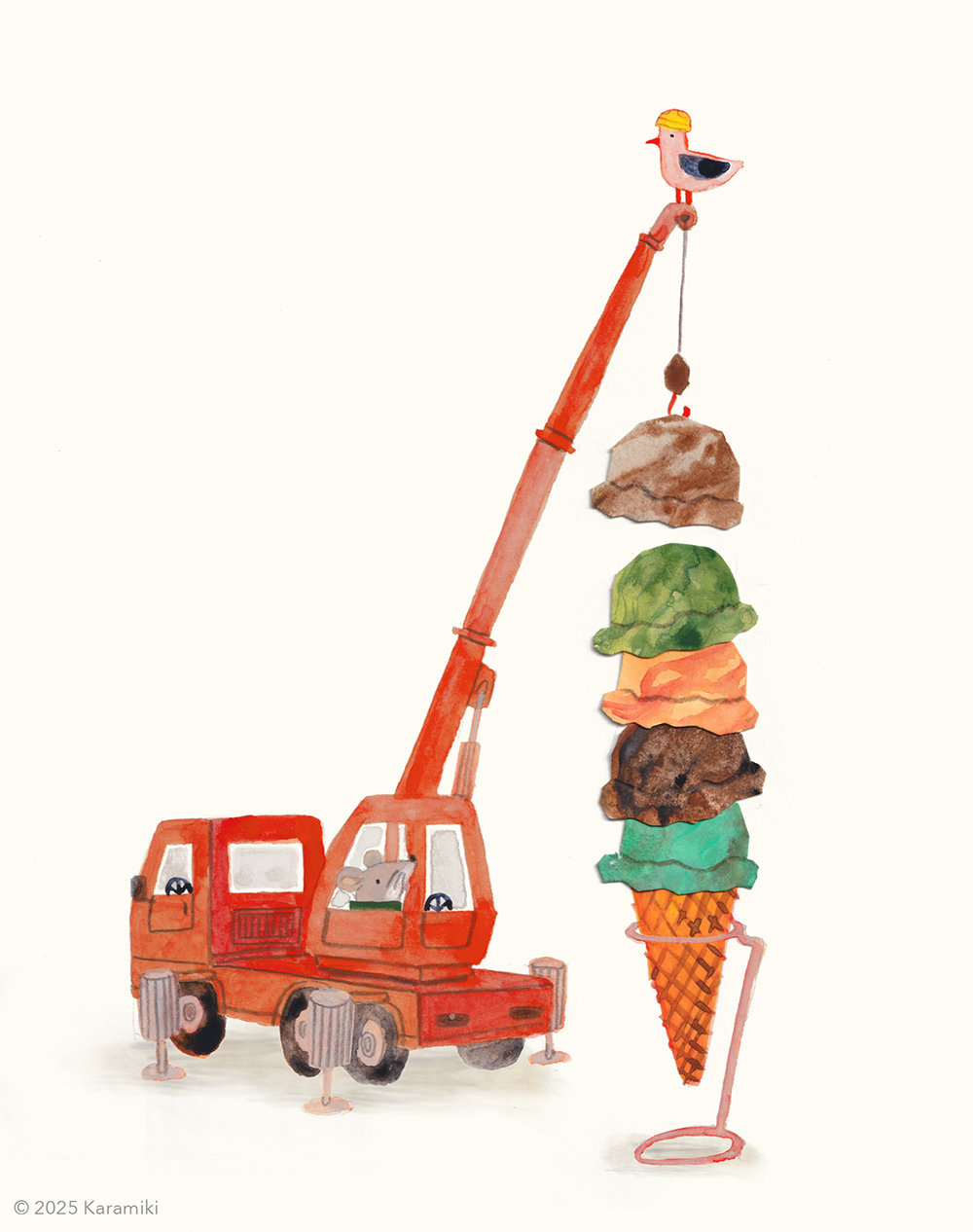 マーブルアイスを重機で採掘・積み立てするネズミのイラスト