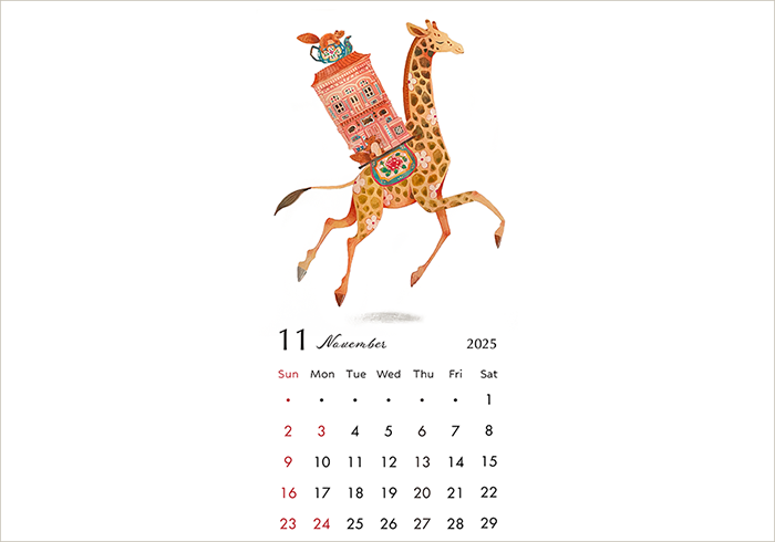 2025年11月のカレンダーイラスト、シンガポール、カトン、プラナカン文化、キリンの引っ越しやさんイラスト