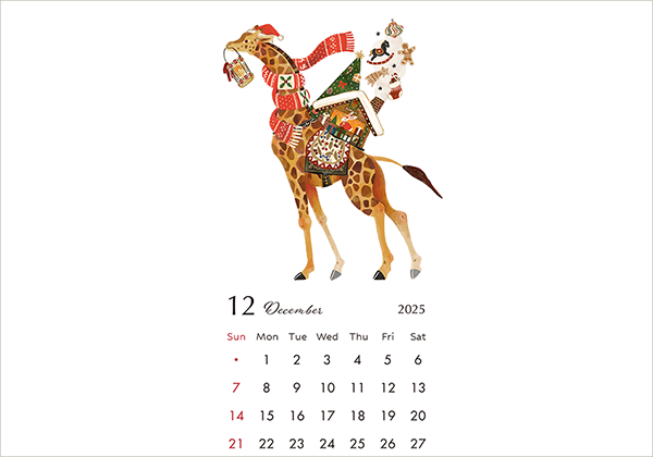 2025年12月のカレンダーイラスト、ドイツ、クリスマスマーケット、キリンの引っ越しやさんイラスト