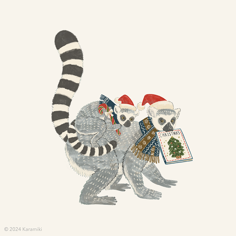 クリスマス、ワオキツネザルの親子のイラスト