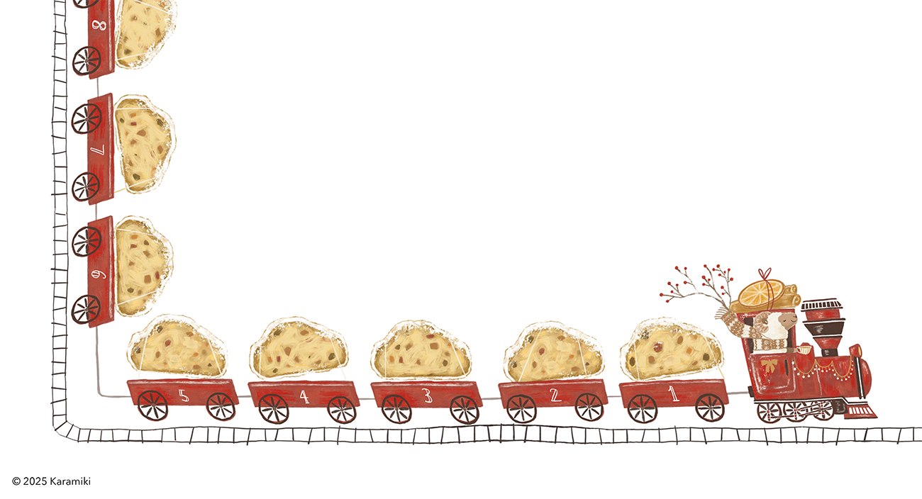 シュトレンを運ぶ羊と汽車のイラスト