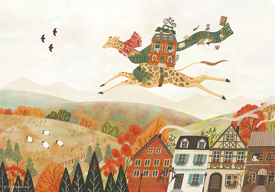 ファーストビュー、秋の山々とキリンの引っ越しやさんイラスト
