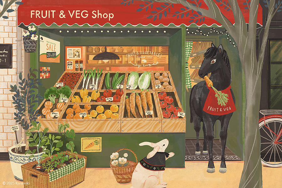 黒い馬、うさぎ、青果店、果物、野菜、イラスト