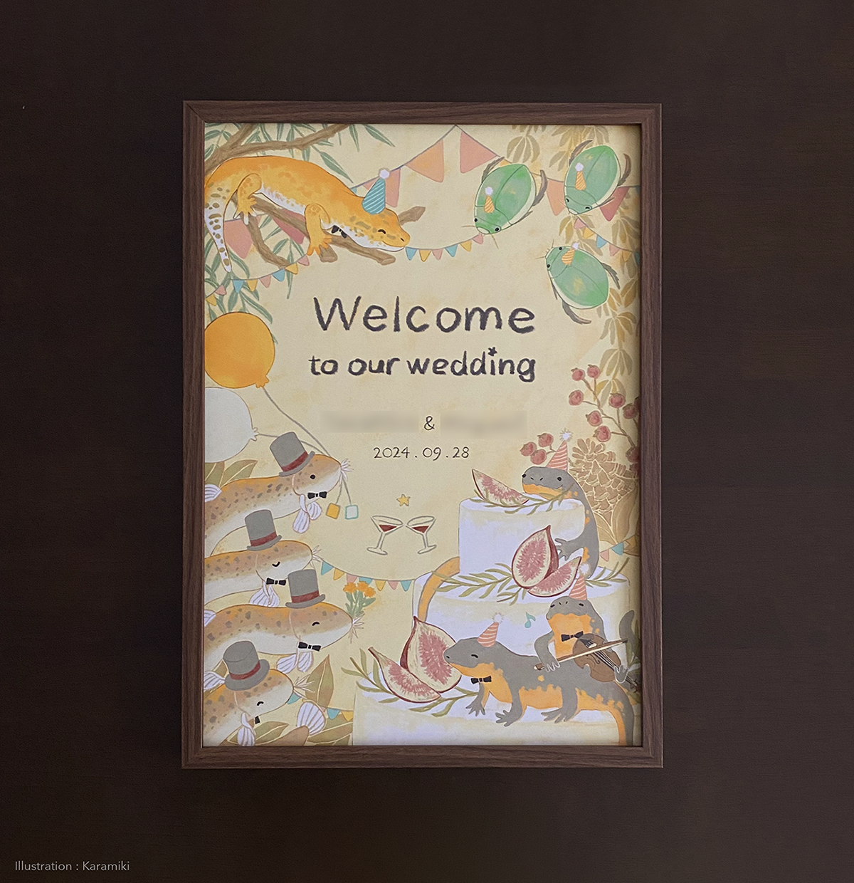 ウェルカムボード、ヒョウモントカゲモドキ、ゲンゴロウ、ドジョウ、アカハライモリ